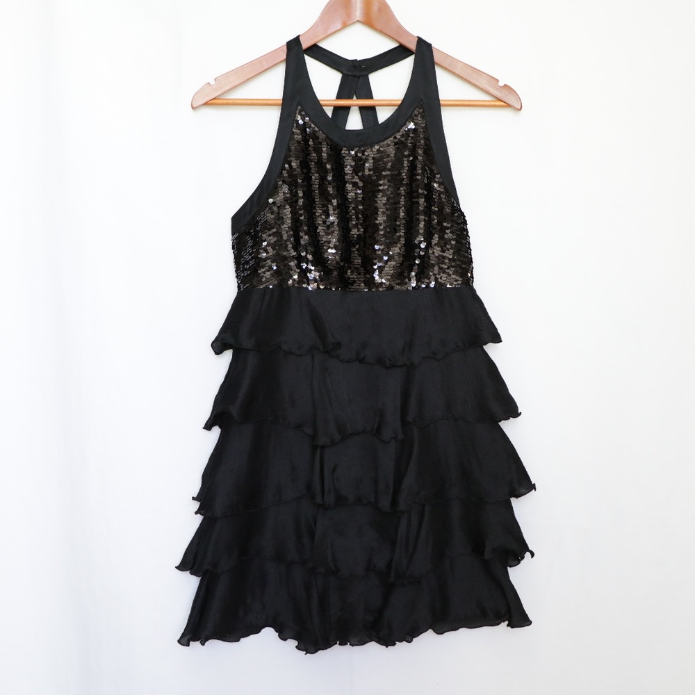 Bebe Black Sequin Silk Ruffle Mini Dress XS